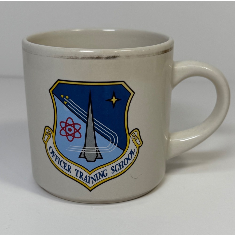 Vtg USAF Officer Training School Ceramic Coffee Mug White Silver Rim Collectible